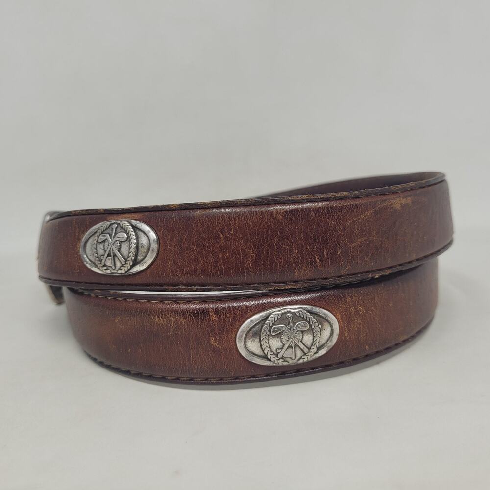 Fossil Belt 38 Brown Italian Leather Western Concho Silver Buckle Cowboy Rodeo - Picture 2 of 8